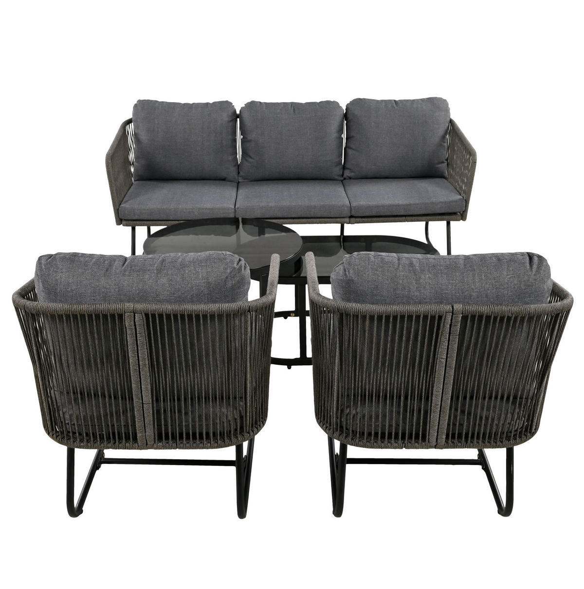 GARTEN-LOUNGE-SET 166/60/76 cm mit 3-Sitzer, 2 Sesseln, 2 Tischen aus Eisen, Seil und Glas, Grau - Grau, Metall - Redom
