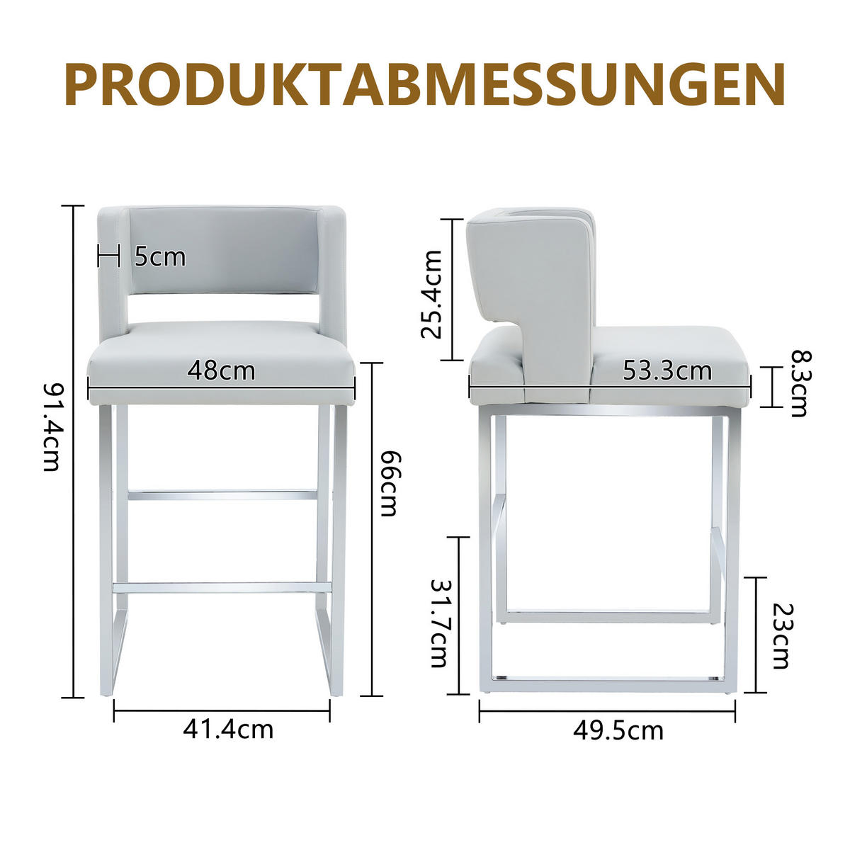 BARHOCKER 2er-Set Hellgrau mit silbernen Metallbeinen und PU-Leder - Silberfarben, Metall (48/91.4/53.3cm) - PANGIVO
