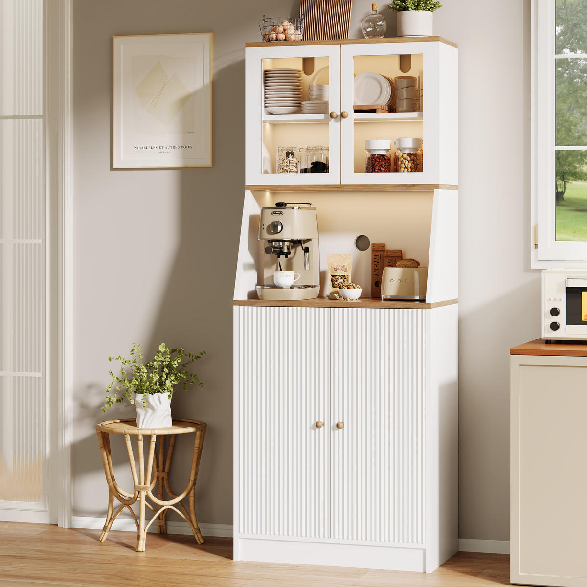 BUFFET hoch 40x70x180 cm LED Arbeitsplatte Stauraum weiß - Weiß, Holz (70/180/40cm) - LEBENLANG