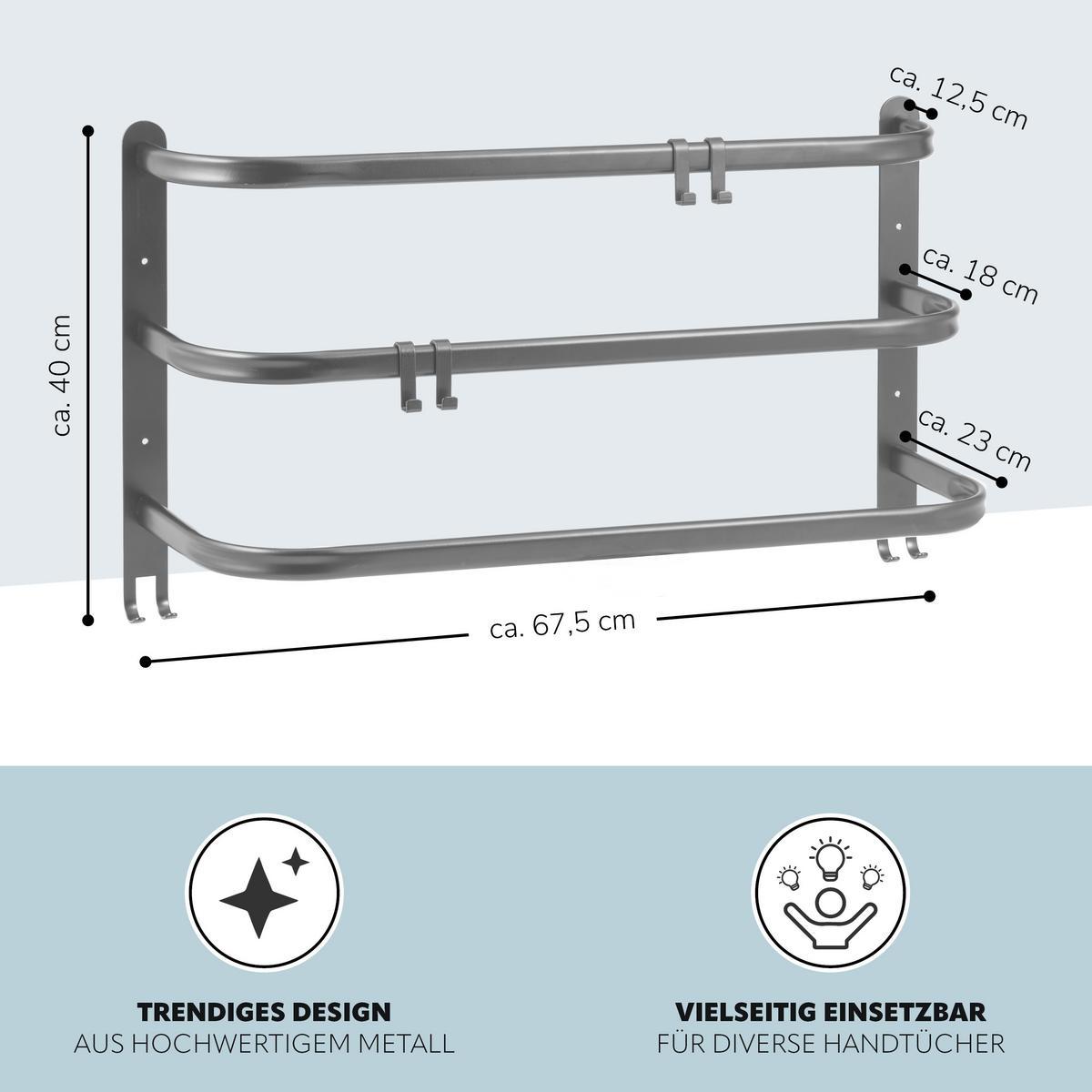 WAND-HANDTUCHHALTER 3 Stangen - Grau, Metall (67.5/40/23cm) - bremermann
