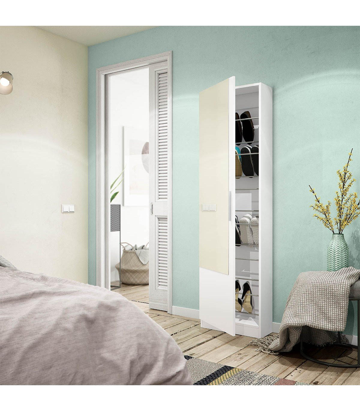 SCHUHSCHRANK, 1 Tür mit Spiegel - H180 cm - Weiß, Holzwerkstoff (22/180/50cm) - Calicosy