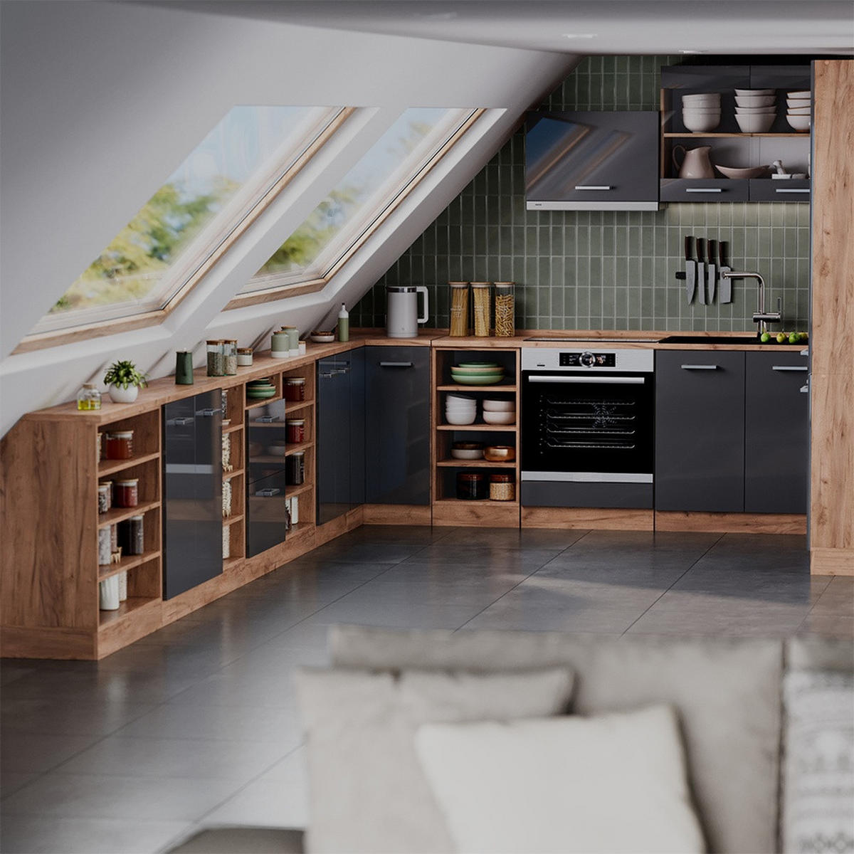 KÜCHENSCHRANK FÜR DACHSCHRÄGEN R-Line Anthrazit Hochglanz 80 cm mit 2 Türen, Schrankkorpus 60 cm Tiefe - Honigeiche/Schwarz Hochglanz, Holzwerkstoff (80/83.8/60cm) - Vicco