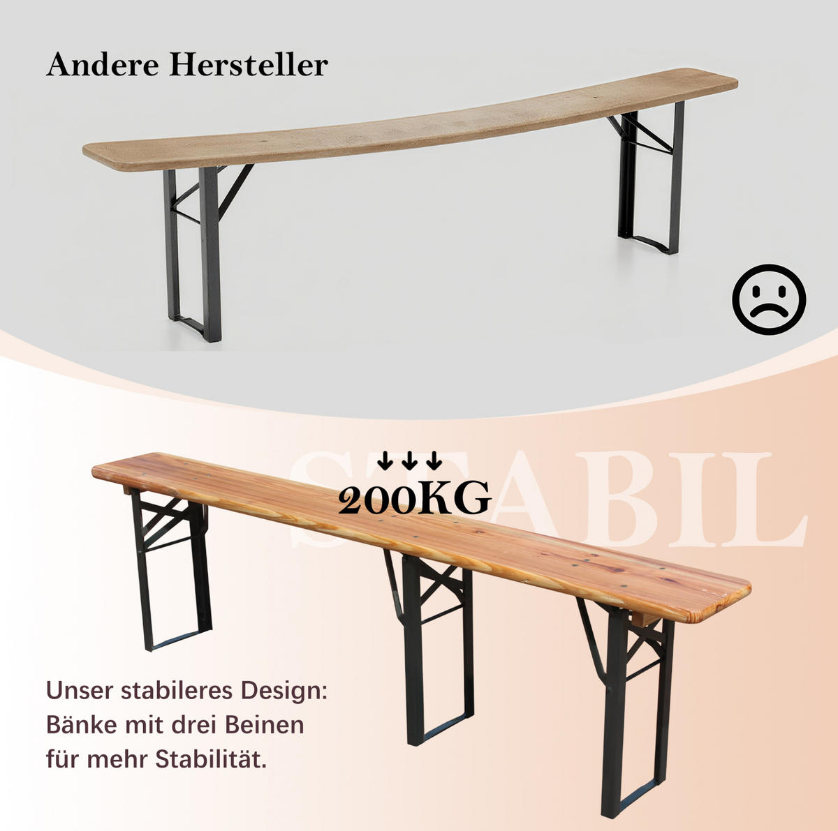 SKLÁDACÍ pivní set 177/46/78 cm přírodní z dřeva a kovu se stolem a 2 lavicemi - hnědá, kov - OKWISH