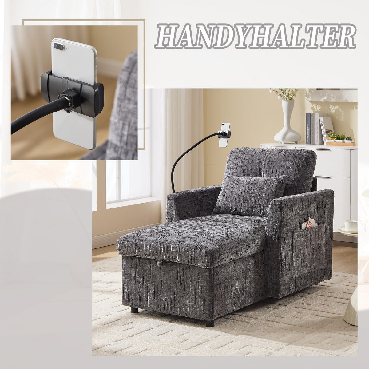 LOUNGESESSEL Chenille mit Handyhalter und Stauraum 125/84,5/87 cm Grau - Grau, Textil (84.5/87/125cm) - Redom