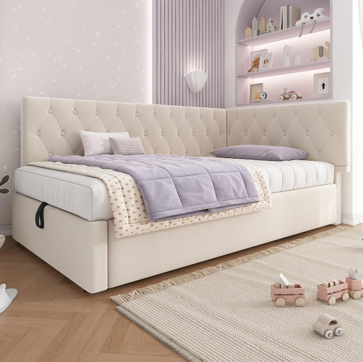 BETT mit hydraulischem Stauraum 90x190 cm Samt Beige - Beige, Metall (90/190cm) - Beauniv