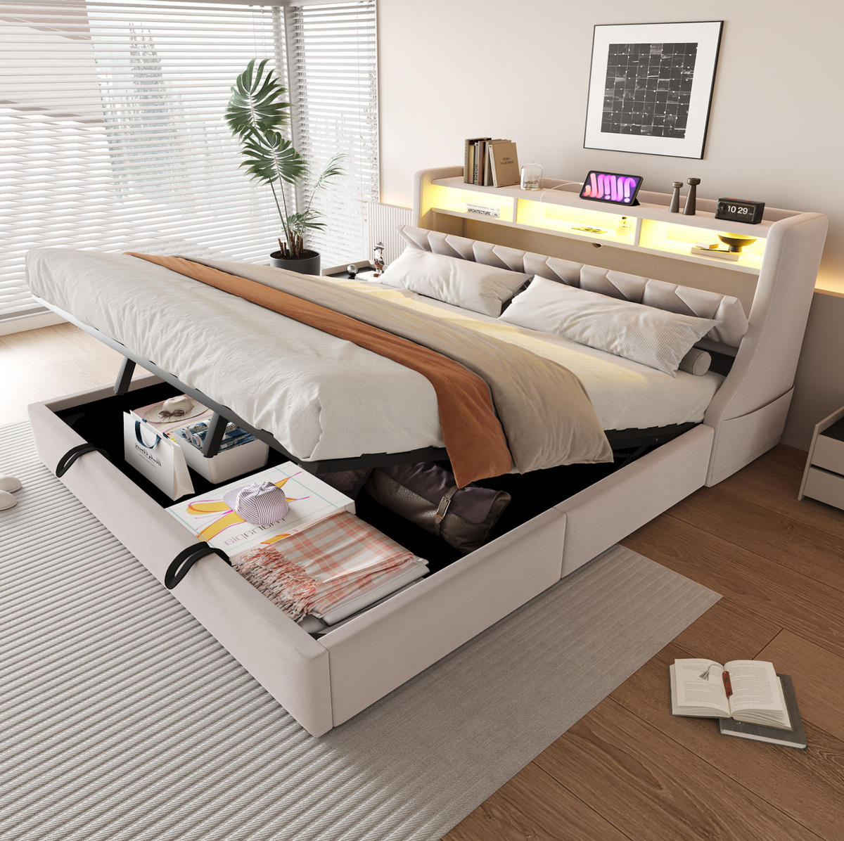 ČALÚNENÁ posteľ 180/200 cm s LED osvetlením, úložným priestorom a zásuvkami USB/Typ-C, Béžová - béžová, textil (180/200cm) - Redom