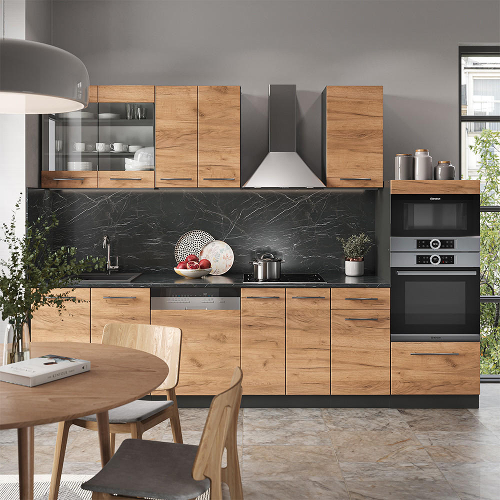 KÜCHENZEILE Fame-Line Goldkraft Eiche/Anthrazit 300 cm AP Anthrazit - Honigeiche/Anthrazit, Holzwerkstoff (300/81.6/60cm) - Vicco