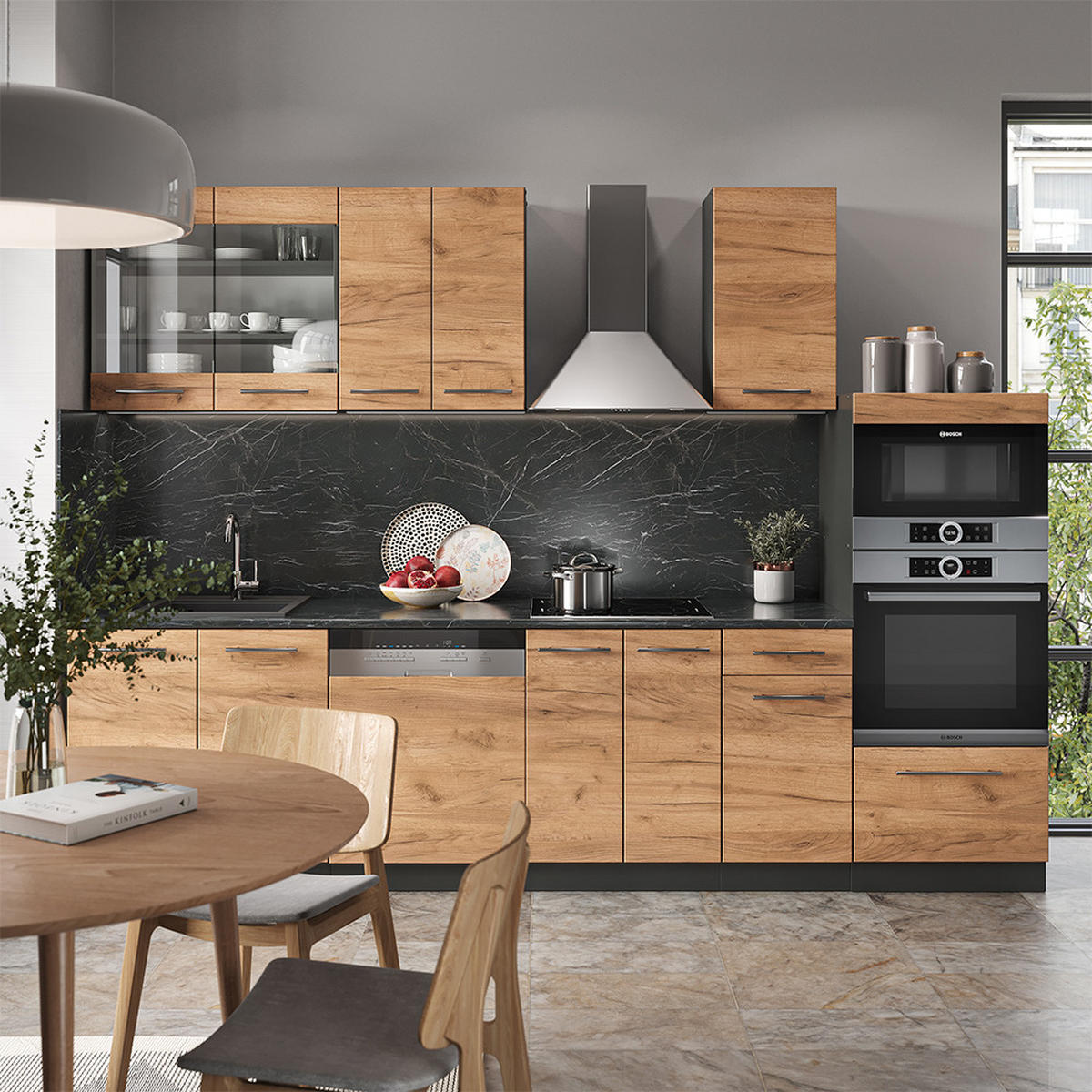 KÜCHENZEILE Fame-Line Goldkraft Eiche/Anthrazit 300 cm mit Hochschrank AP Eiche - Anthrazit/Eiche Wotan, Holzwerkstoff (300/81.6/60cm) - Vicco