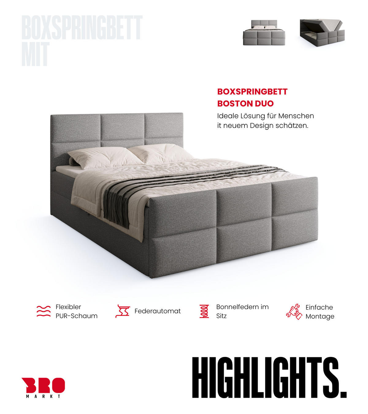 BOXSPRINGBETT Boston Duo Mit Bettkasten, Topper und Matratze Grau Malmo 90 140x200 cm - Schwarz/Grau, Textil (140/200cm) - Bromarkt