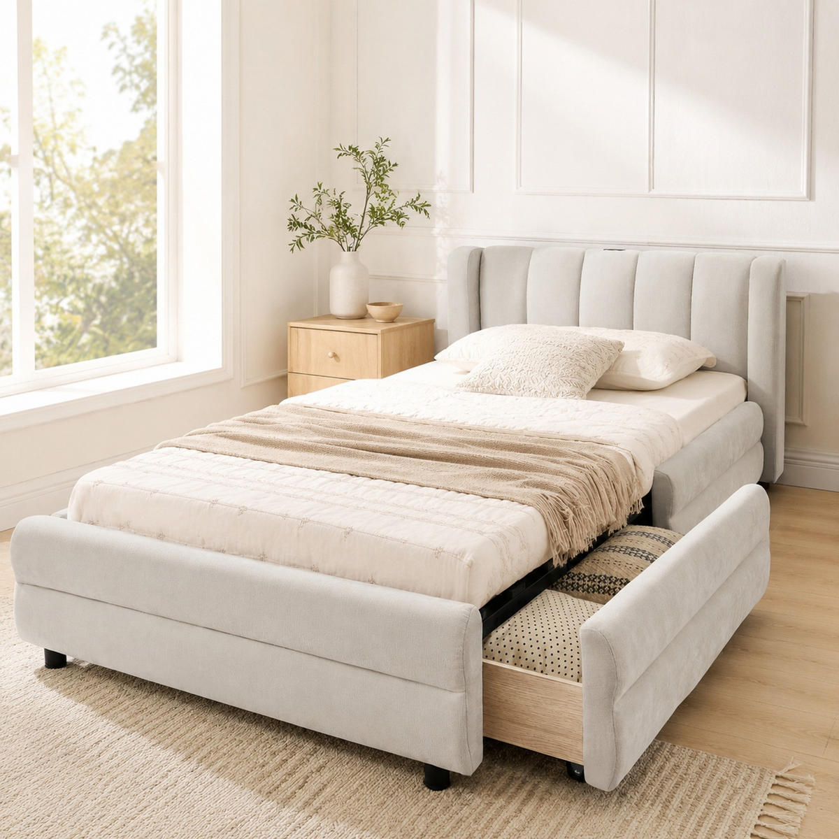 POLSTERBETT 90/200 mit Schubladen und USB in Beige - Beige, Holzwerkstoff/Textil (90/200cm) - EVRYAE