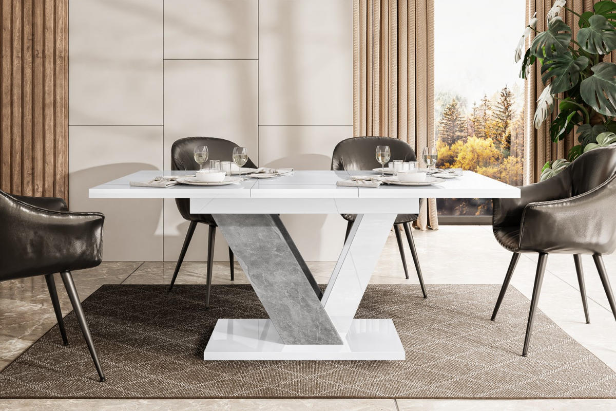 ESSTISCH ausziehbar 120 -160x80x75 cm - White Gloss / Stone - CLASI - Weiß Hochglanz/Grau, Holzwerkstoff (120/80/75cm) - ALTDECOR