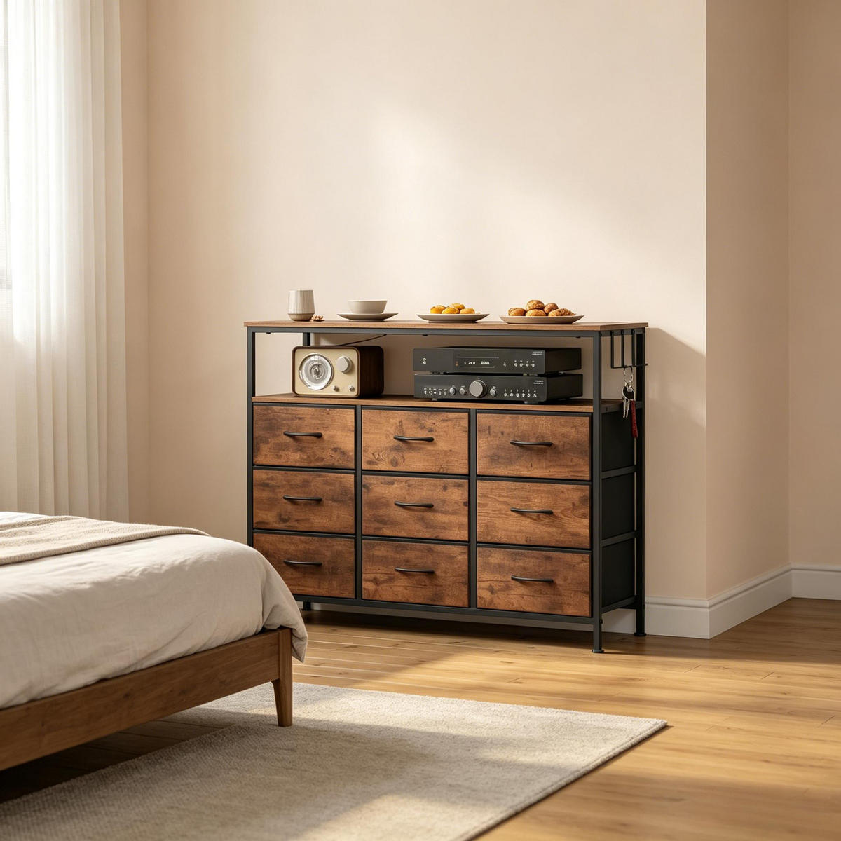 KOMMODE DE-38085 110/30/85 cm mit 9 Schubladen und LED-Beleuchtung Rustikal-Braun/Schwarz - Braun, Holzwerkstoff (110/85/30cm) - ComfortXL