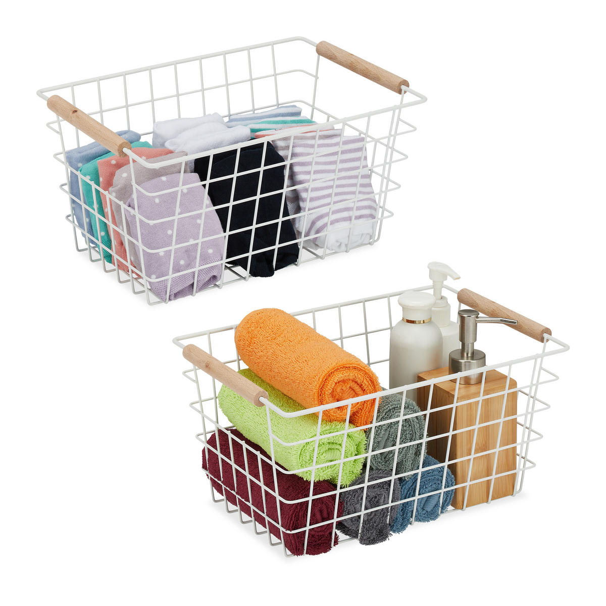 2XDRAHTKORB - Weiß, Holz/Metall (31/16/21cm) - Relaxdays