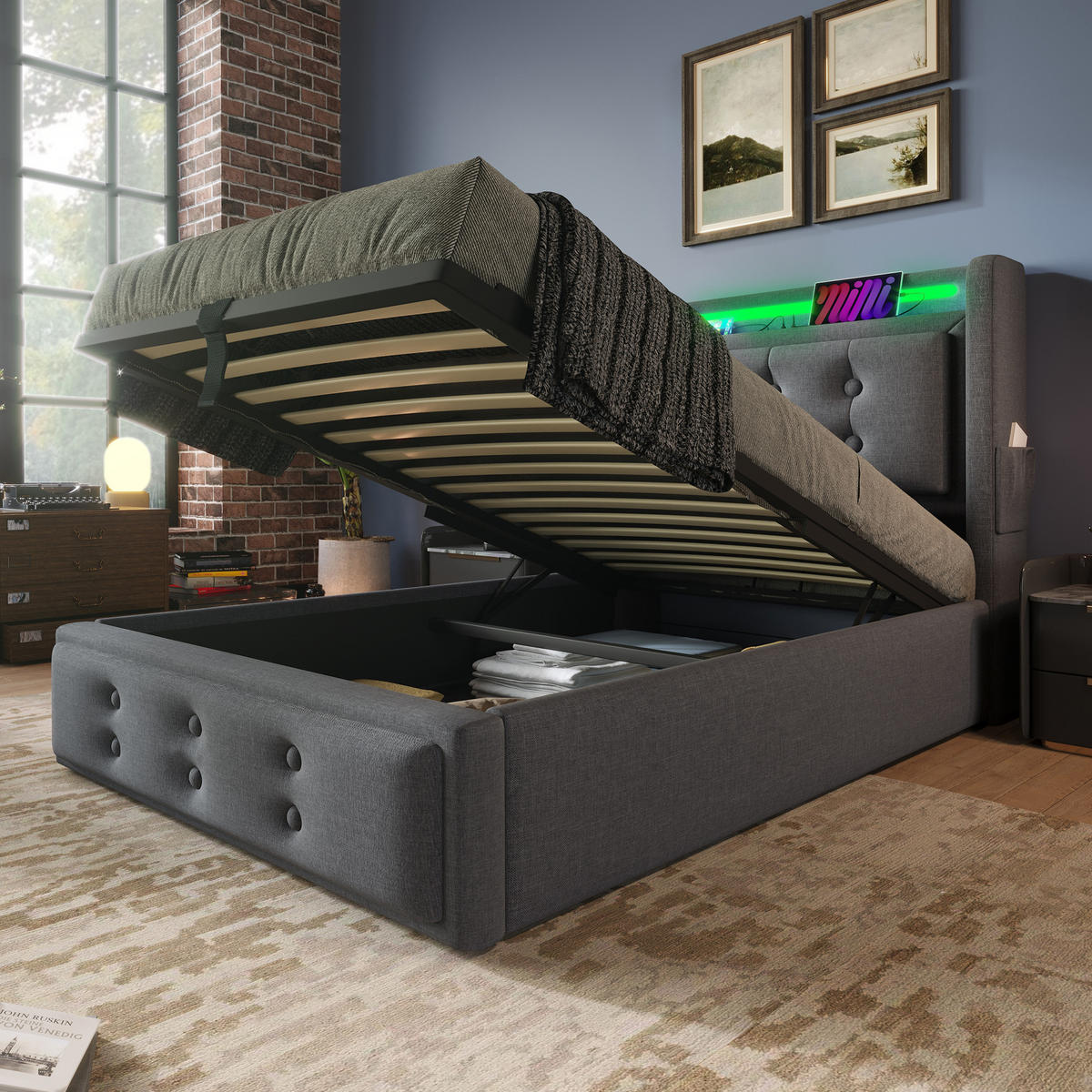 POLSTERBETT 90/200 cm Grau aus Baumwoll-Leinen mit LED und USB-C - Grau, Textil (90/200cm) - OKWISH