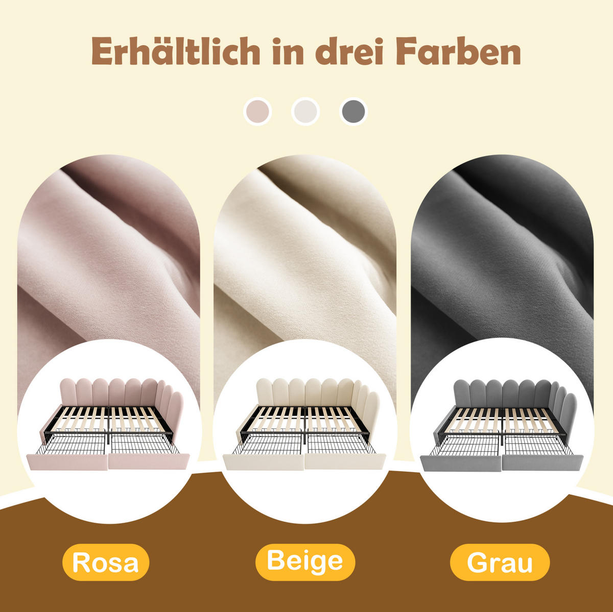 POLSTERBETT 90/200 cm in Beige mit 2 Schubladen und Samtbezug - Beige, Textil (90/200cm) - Flora Grace