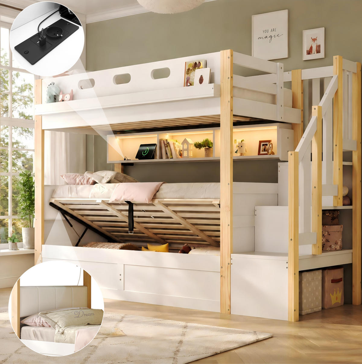 ETAGENBETT 90/200+90/200 cm in Weiß mit Stauraumtreppe und LED-Beleuchtung - Weiß, Holz (90/200cm) - Flora Grace