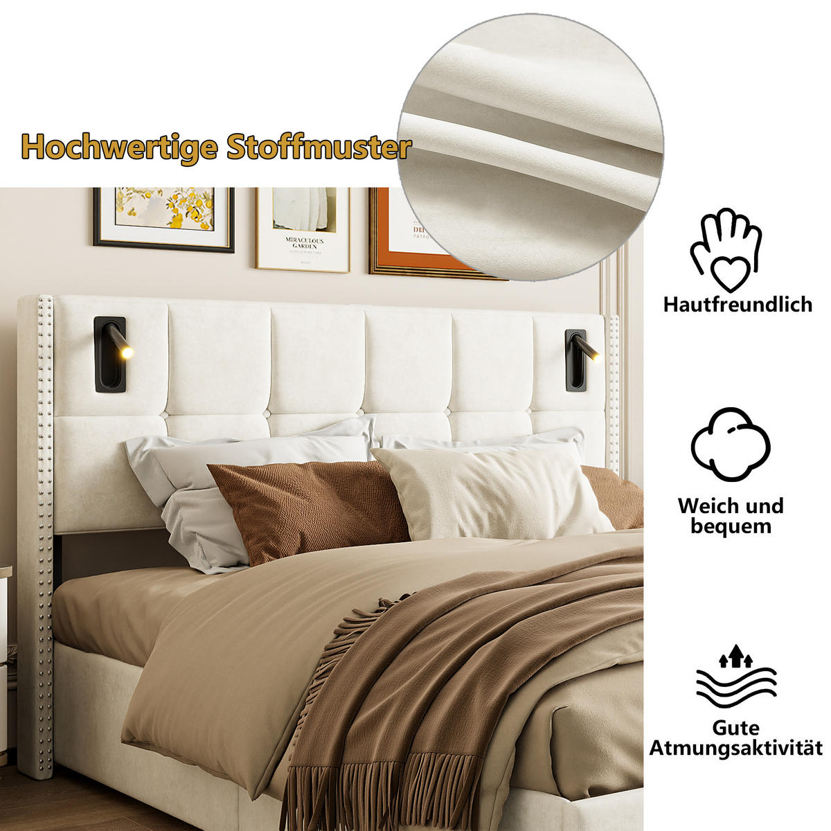 POLSTERBETT 140x200 cm mit Leselampe, Doppelbett 140x200, Nietenverzierung, Stauraum, Beige Samt - Beige, Leder/Metall (140/200cm) - GENKI LIVING