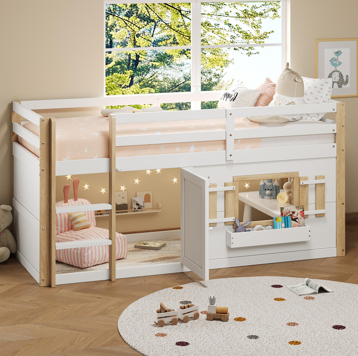 HOCHBETT 90/200 cm, weiß mit Spielbereich ohne Matratze - Weiß, Holz (90/200cm) - MIVRAY