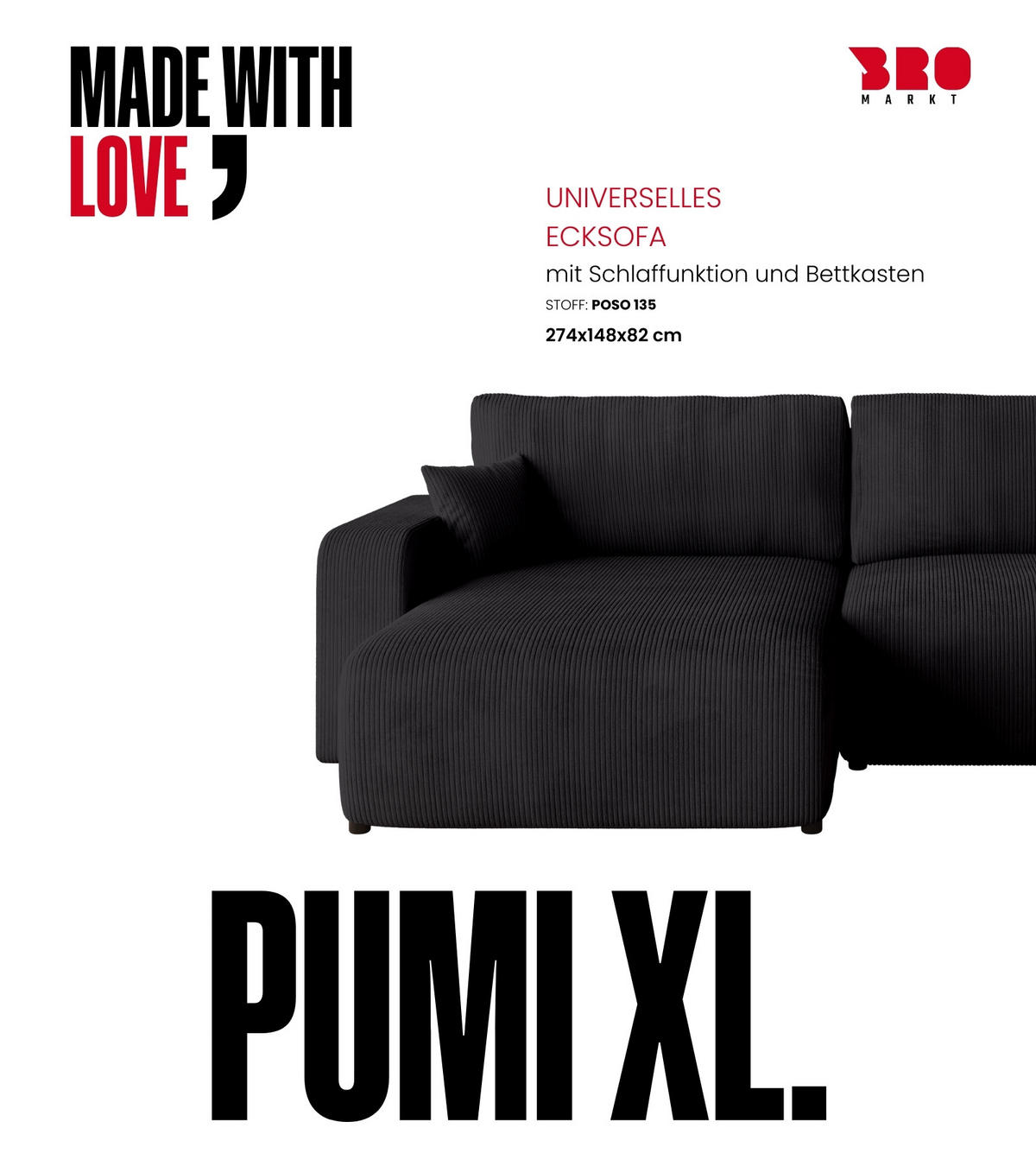 ECKSOFA PUMI XL mit Schlaffunktion Schwarz Cord - Schwarz, Textil (274/148cm) - Bromarkt