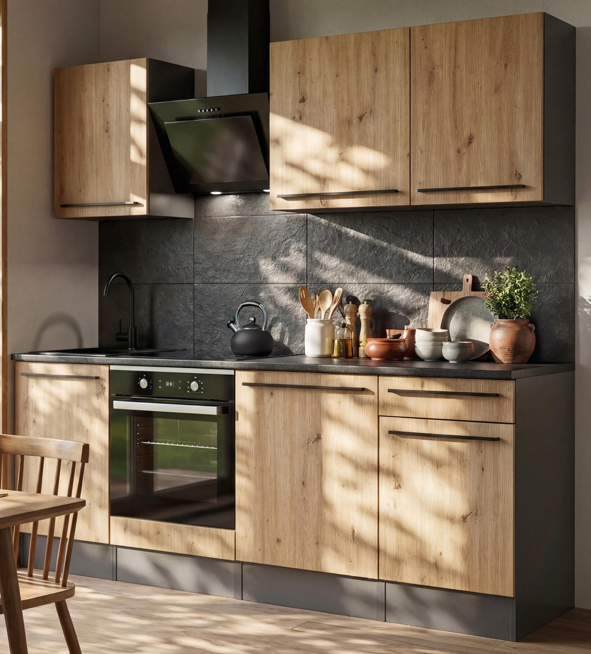 KÜCHENZEILE Eiche Artisan, Grau 7-teilig 220 x 210 cm, Küchenschrank Set mit viel Stauraum - Anthrazit/Eiche Artisan, Holzwerkstoff (220/210/60cm) - Inn.Furn