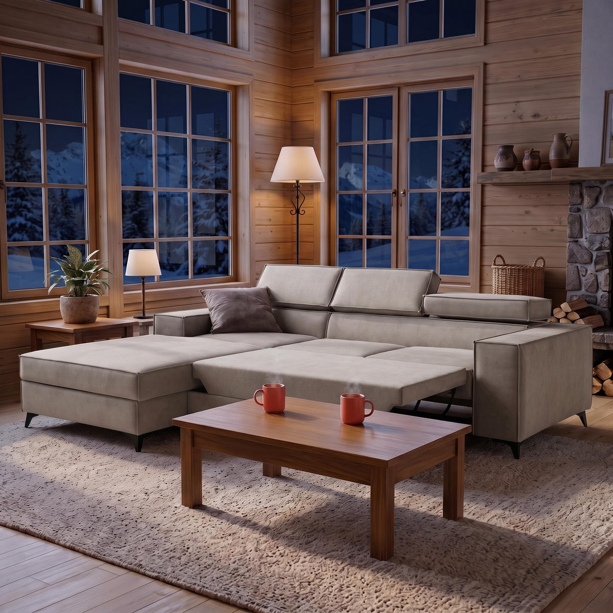 ECKSOFA PURE S Links mit Schlaffunktion 127x215 Velours Creme - Creme/Schwarz, Holz/Textil (281/204cm) - Muffo
