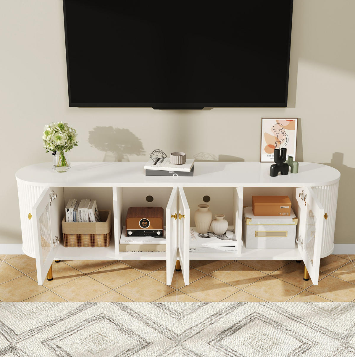 TV-ELEMENT mit 4 Glastüren 170 x 35 x 55 cm MDF White and Gold - Weiß, Holzwerkstoff (35/55/170cm) - Beauniv