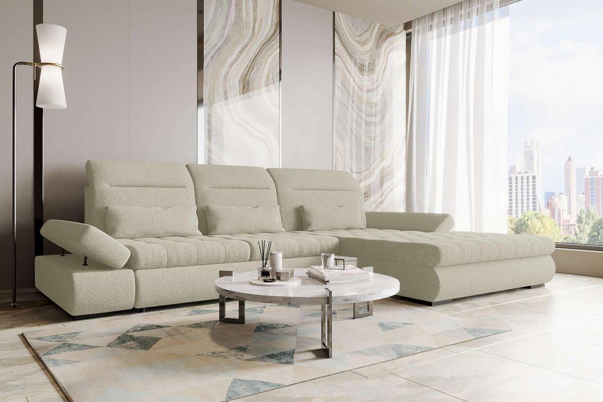 ECKSOFA Toscana Plus Strukturstoff inkl. Schlaffunktion - Hellgrau, Textil (300/179cm) - 99rooms