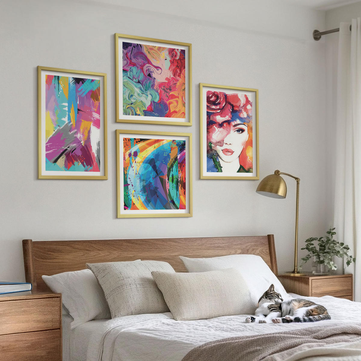 BILDER SET 4er Set - 50x50 cm & 40x60 cm Goldrahmen - Farbenfrohes abstraktes Porträt - Goldfarben, Kunststoff (50/50cm) - TULUP