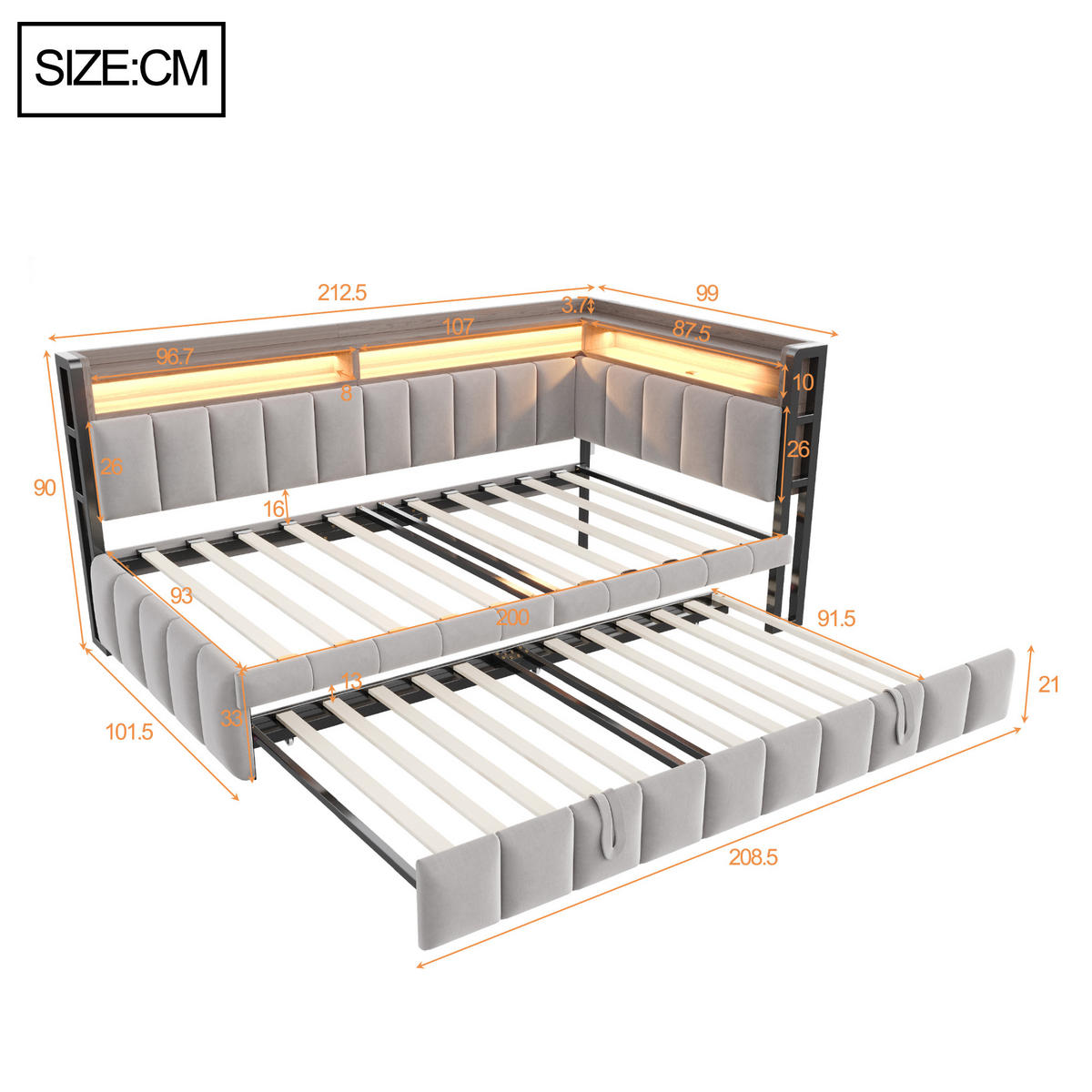 AUSZIEHBETT 90/200 cm ausziehbar mit LED und USB, DE-41717, in Hellgrau - Hellgrau, Metall (90/200cm) - ComfortXL