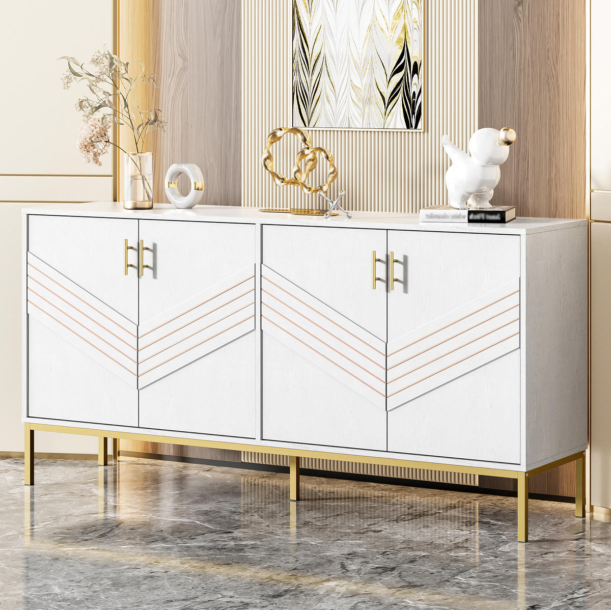SIDEBOARD 160/40/80,5 cm z MDF bílá s dekorem dřeva a zlatými kovovými nohami - bílá, kompozitní dřevo (40/80.5/160cm) - Modenvie