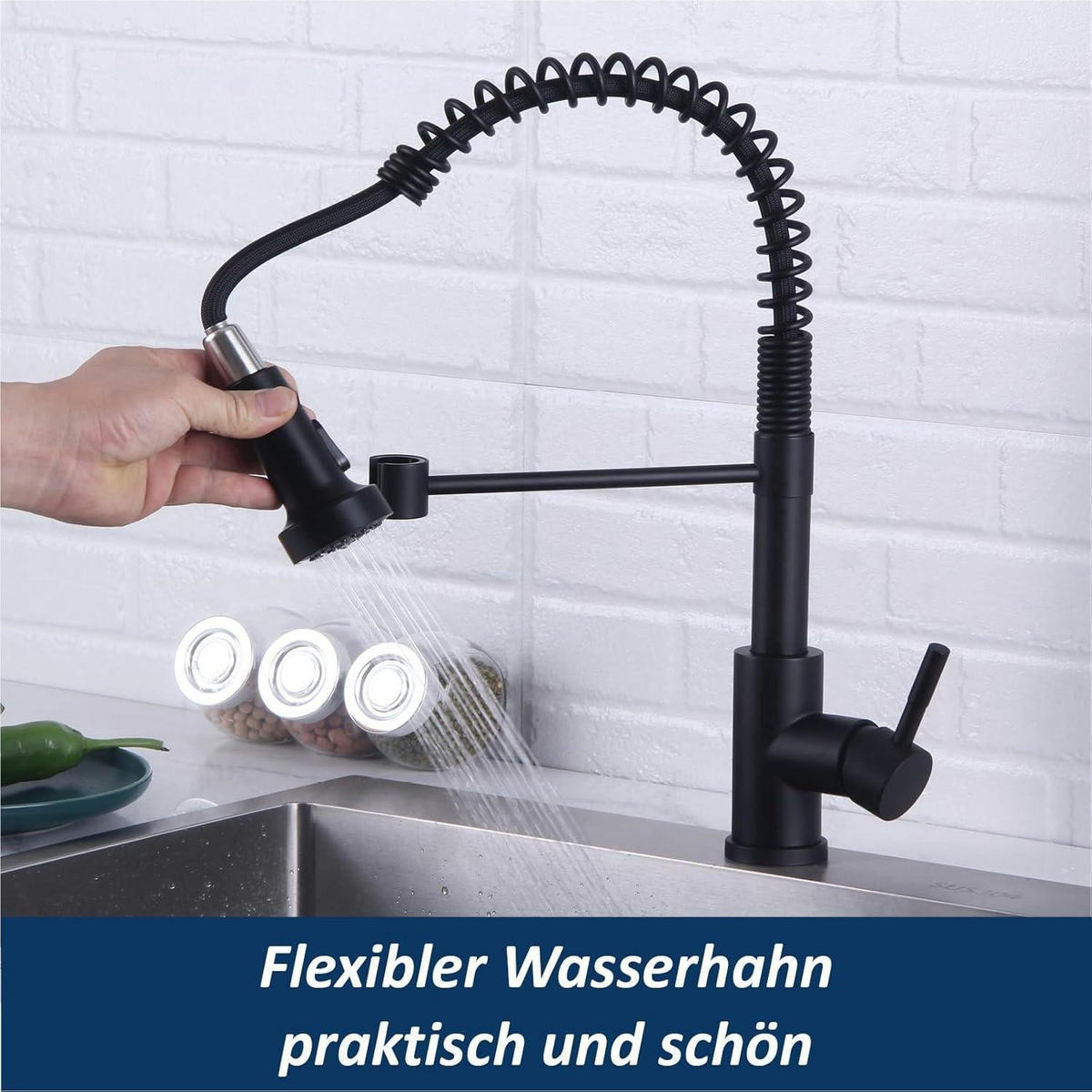KÜCHENARMATUR Schwarz mit Brause Ausziehbar 360° Drehbar 2 Sprühfunktionen - Schwarz, Metall (20/4/30cm)