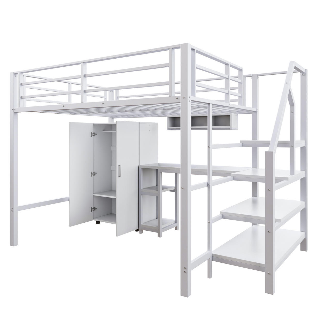 HOCHBETT aus Metall und MDF 140x200 cm Weiß mit Kleiderschrank, Regalen und Schreibtisch - Weiß, Metall (140/200cm) - IVMEU