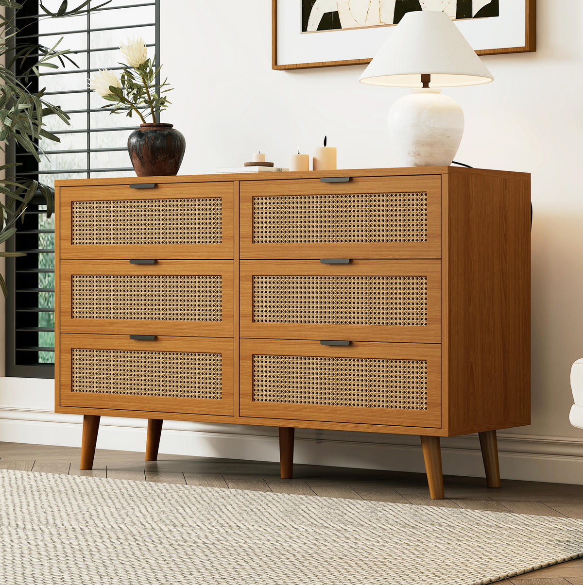KOMMODE 120/40/76,5 cm mit 6 Schubladen, Metallgriffen und Retro-Design, Walnuss - Naturfarben, Holzwerkstoff (120/76.5/40cm) - Redom