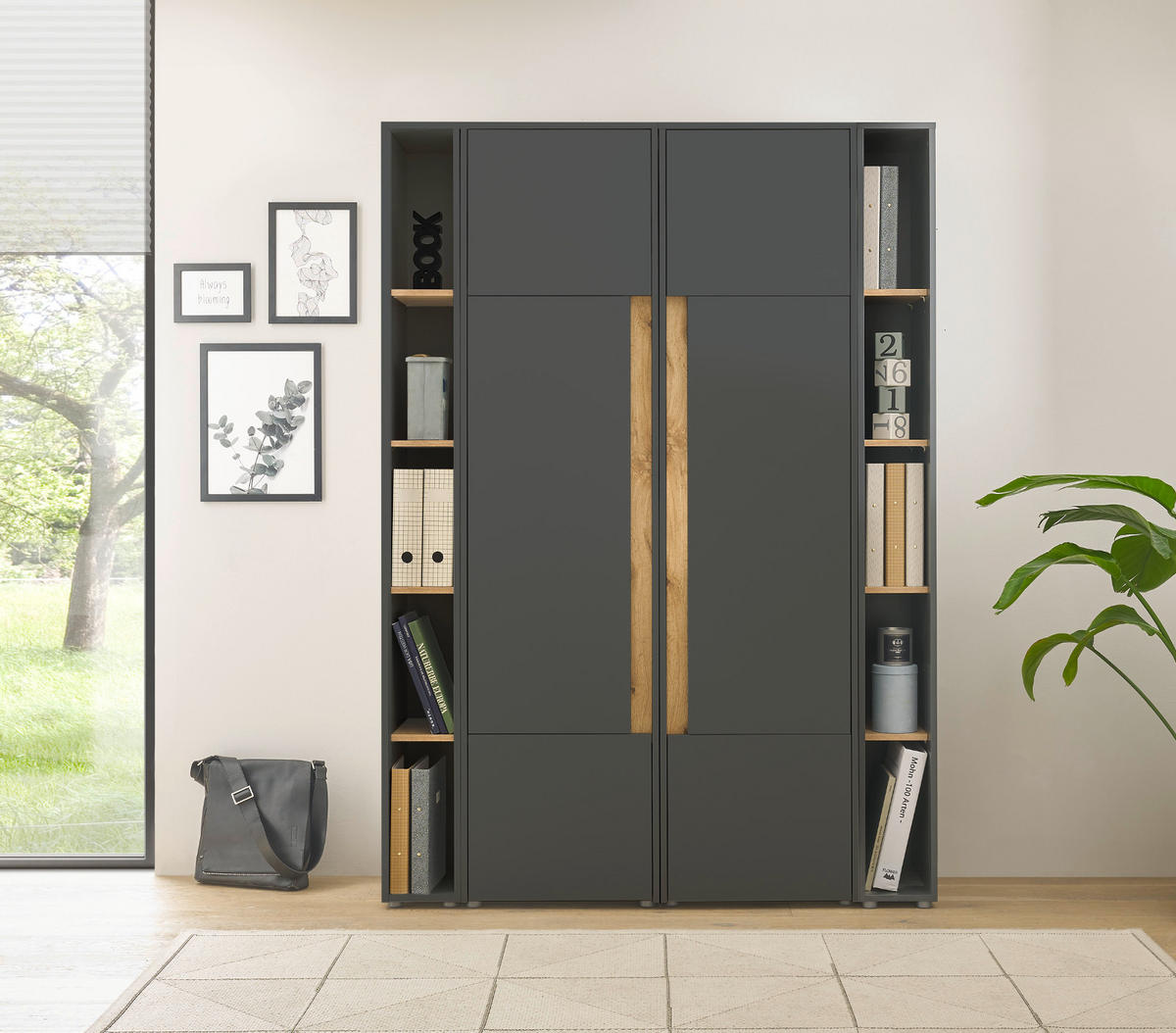 AKTENSCHRANK Set 4-teilig grau matt, Eiche Wotan 140 x 200 cm, Schrank-Regal-Kombination mit 20 Fächern - Eiche Wotan/Schwarz, Holzwerkstoff/Kunststoff (140/200/40cm) - Furn.Design