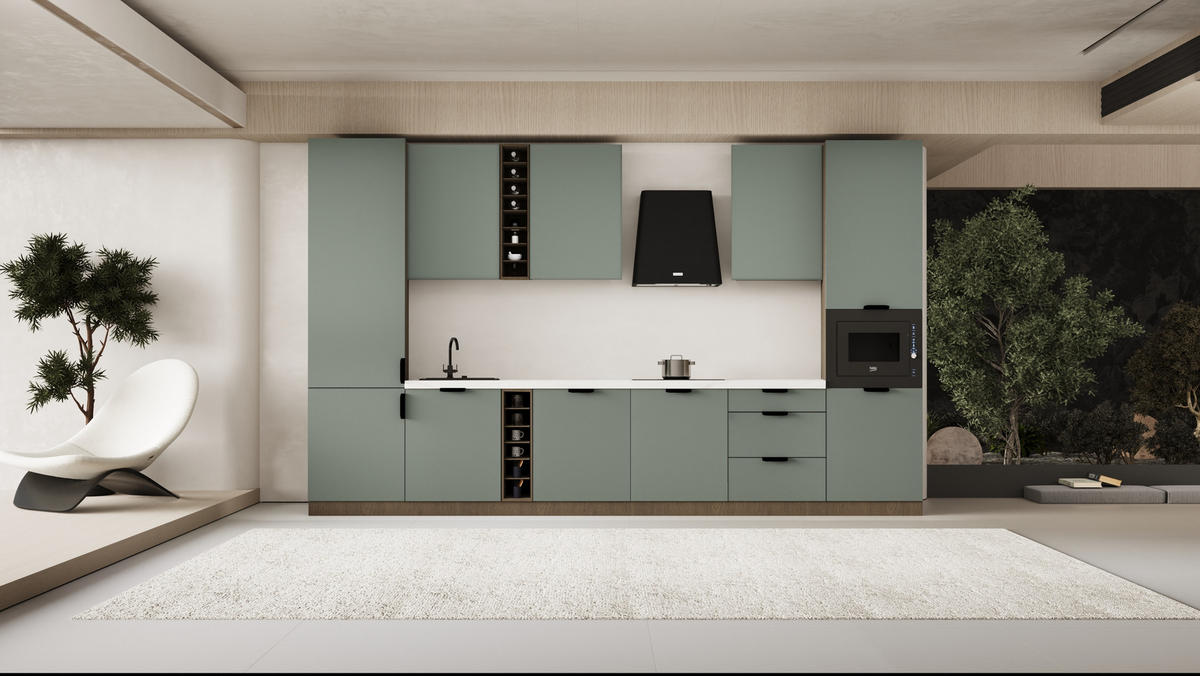 KÜCHENZEILE 360 cm - Sorento KS3-M375 - in Grün / Dunkle Eiche - Eichefarben/Schwarz, Holz (375/247/58cm)