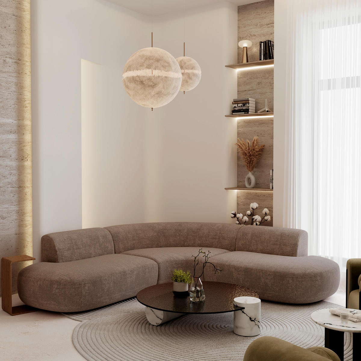 ECKSOFA WONDER Geprägter Samt Taupe 90cm - Taupe, Textil (90/250cm) - Premium Interiors