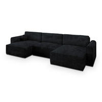 WOHNLANDSCHAFT FENTO Schwarz Kordstoff mit Schlaffunktion - Schwarz, Holz (347/90/148cm) - MASSENO