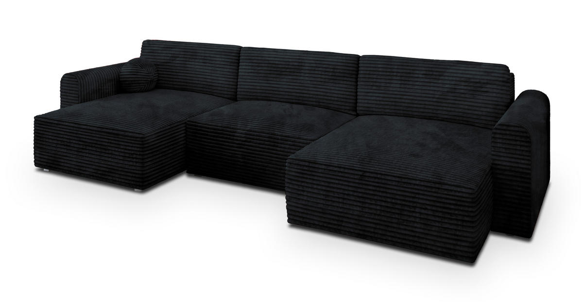 WOHNLANDSCHAFT FENTO Schwarz Kordstoff mit Schlaffunktion - Schwarz, Holz (347/90/148cm) - MASSENO