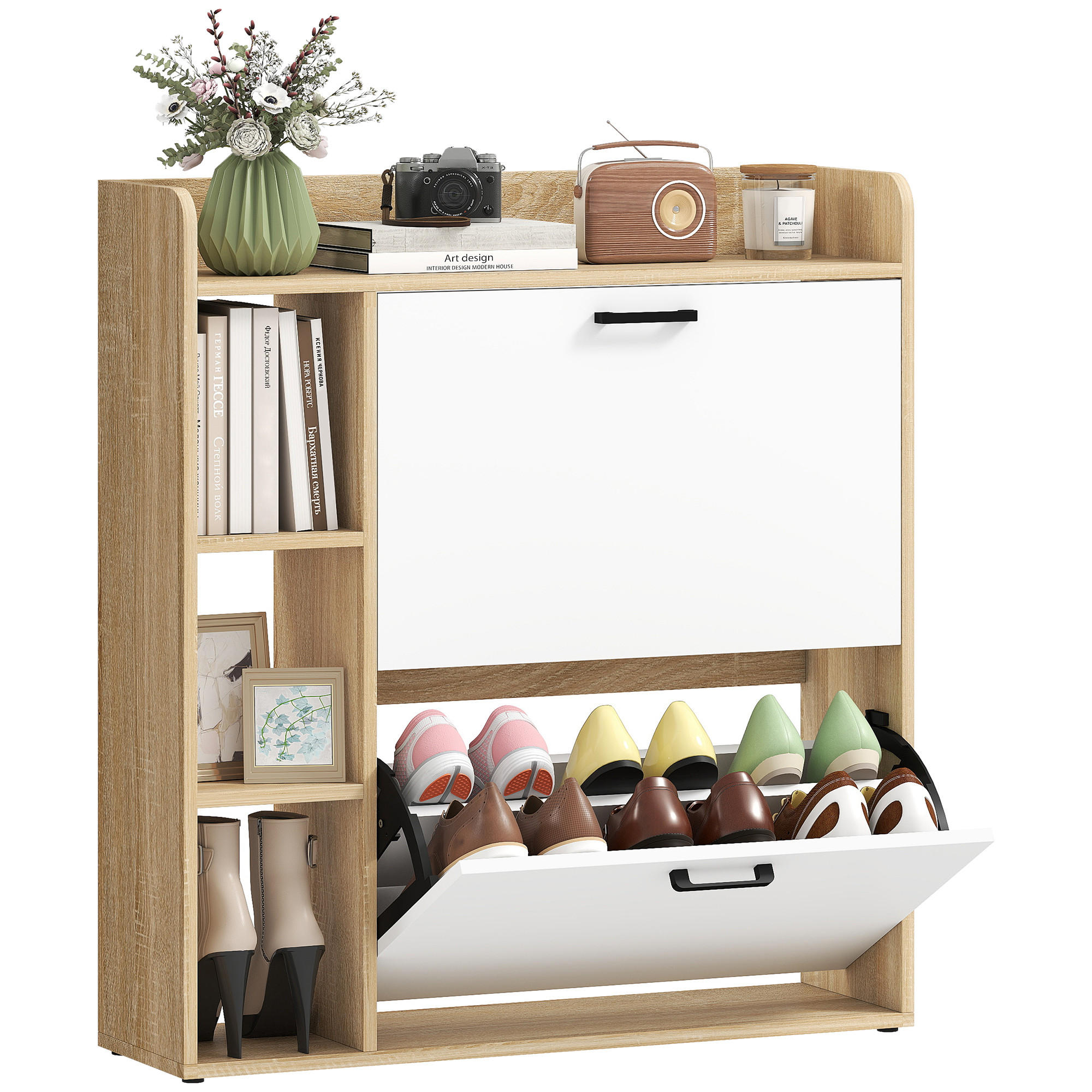 SCHUHKIPPER DE-15068 2 Klapp-Schubladen, 3 Seitenfächer, für 15 Paar Schuhe Naturholz - Naturfarben, Holzwerkstoff (83/90.5/24cm) - ComfortXL