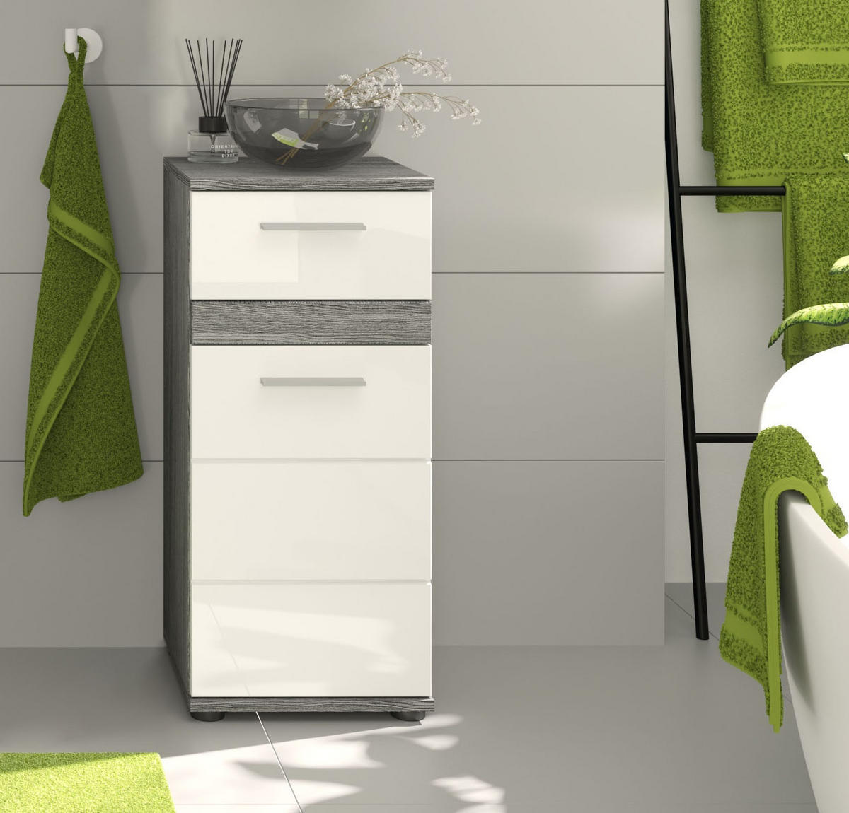 STANDSCHRANK Blake Bad in Rauchsilber Nachbildung und weiß hochglanz B/H/T: 35x79x31 cm - Silberfarben, Holz (35/79/31cm)