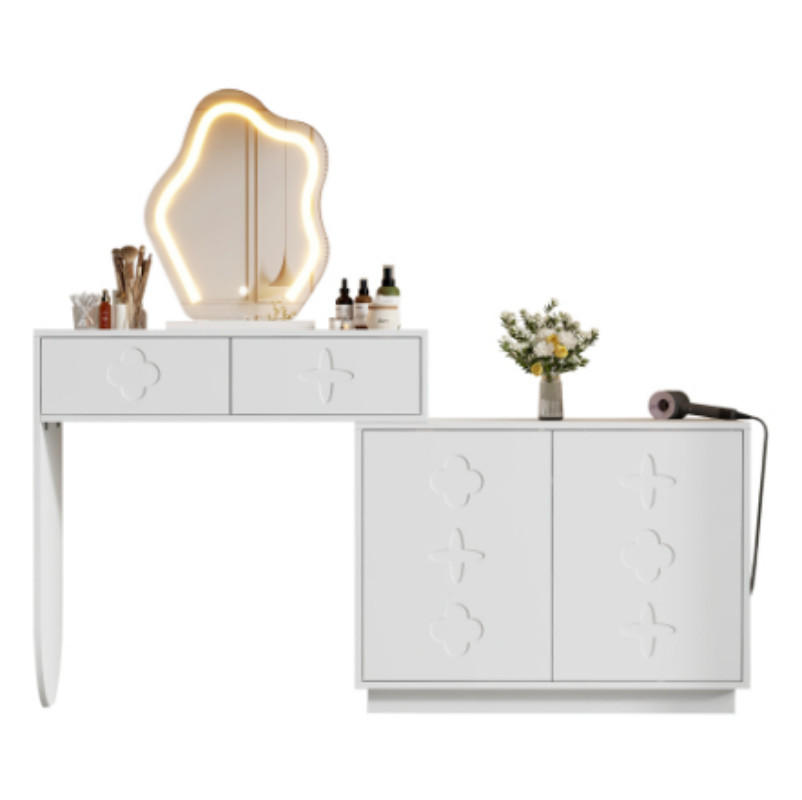 SCHMINKTISCH mit verstellbarem LED-Spiegel / 2 Schubladen / verstellbarem Seitenschrank 160×40×132 cm - Weiß, Glas (40/132/160cm) - Vallsero