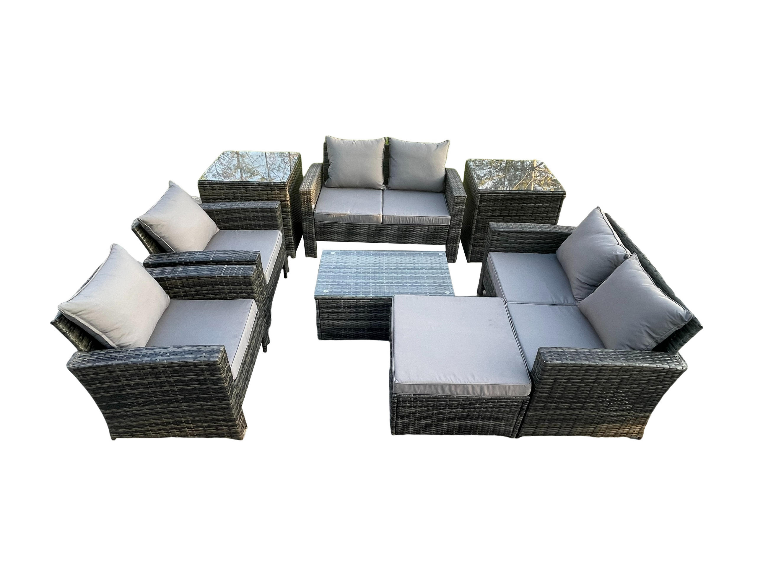 GARTENSOFA STUHL SET MIT COUCHTISCH 2 BEISTELLTISCHE HOCKER Polyrattan Dunkelgrau Gemischt 7-Sitzer - Dunkelgrau, Metall - Fimous