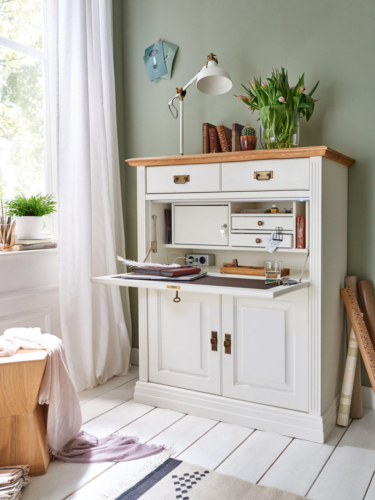 SEKRETÄR Büroschrank Novara - Weiß/Braun, Holz (45/111/133cm) - Casamia Massive Möbel