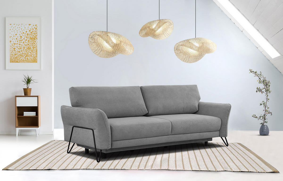 SOFA LOREM 3-Sitzer mit Schlaffunktion, grau - Schwarz/Grau, Holz/Textil (232/90/107cm) - Courtois Laville