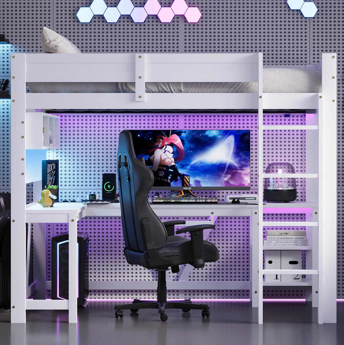 HOCHBETT 90/200 cm mit Schreibtisch, LED-Beleuchtung und Ladestation, Weiß - Weiß, Holzwerkstoff (90/200cm) - Redom