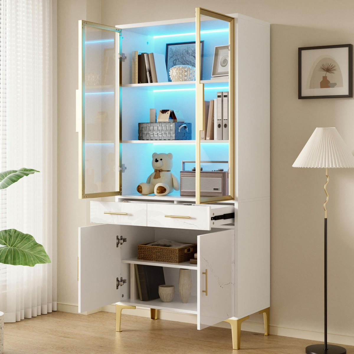 VITRINE mit Glastüren, LED und 2 Schubladen - Weiß, Holzwerkstoff (75/170/38cm) - FLIEKS