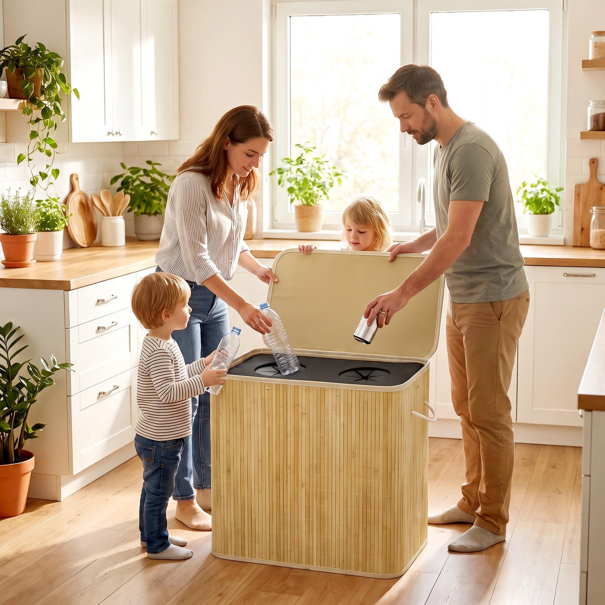 PFANDFLASCHEN-SAMMELBEHÄLTER Polyester Bambus Naturholz - Naturfarben, Holz (41/60/62cm) - HOMCOM