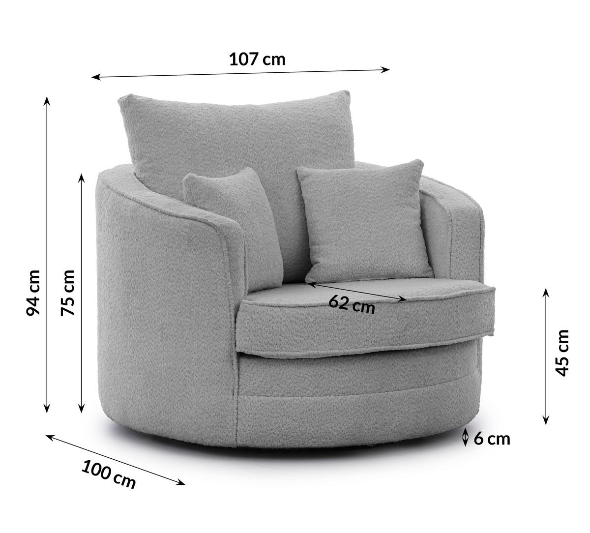 DREHSESSEL Ted aus Grau Boucle-Stoff - Schwarz/Grau, Holz/Textil (107/94/100cm) - S-Style Möbel