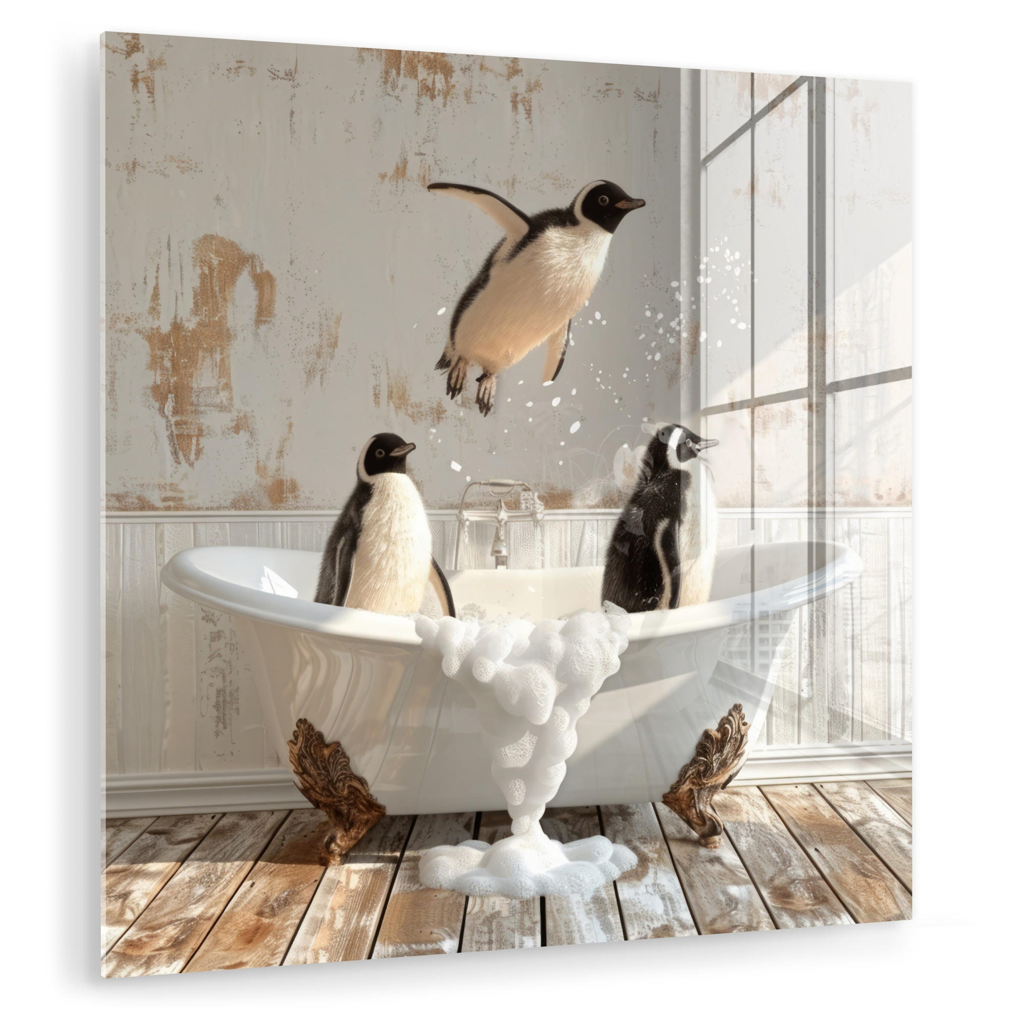 ACRYLGLASBILD Vintage - Pinguin - Badewanne - Schaumstoff 50x50 cm - Schwarz, Glas (50/50cm) - MuchoWow