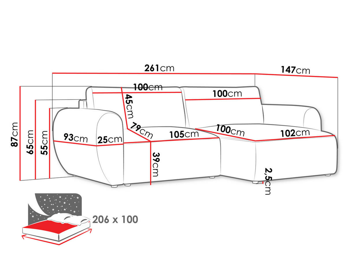 ECKSOFA Suzi - Schwarz, Holzwerkstoff/Kunststoff (147/261cm) - MIRJAN24